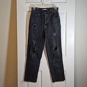 Pacsun Black Distressed Straight Leg High Rise Rough Hem Jeans Holes Size 26